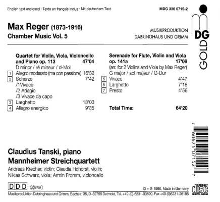 Reger Max - Chamber Music: Vol. 5 (Mannheimer Streichquartett-Claudius Tanski (Piano))
