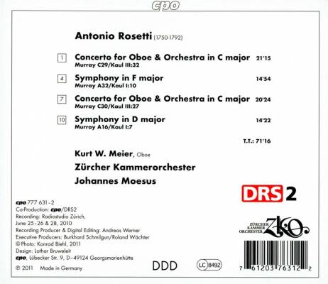 Rosetti Antonio (Ca.1750-1792) - Oboe Concertos & Symphonies (Kurt Meier (Oboe) - Zürcher Kammerorchester)